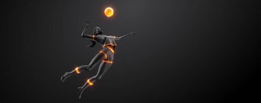 Abstract silhouette of a volleyball player on black background. Volleyball player woman hits the ball.