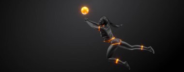 Abstract silhouette of a volleyball player on black background. Volleyball player woman hits the ball.