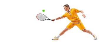 Realistic silhouette of a tennis player on white background. Tennis player man with racket hits the ball.