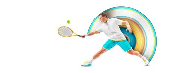 Realistic silhouette of a tennis player on white background. Tennis player man with racket hits the ball.