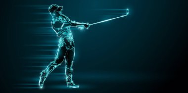 Abstract silhouette of a golf player on black background. Golfer man hits the ball. illustration