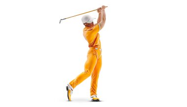 Beyaz arka planda bir golf oyuncusunun gerçekçi silueti. Golfçü adam topa vuruyor. resimleme