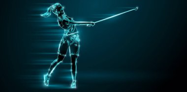 Abstract silhouette of a golf player on black background. Golfer woman hits the ball. illustration