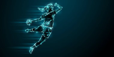 Abstract silhouette of a handball player on black background. Handball player woman are throws the ball. illustration
