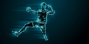 Abstract silhouette of a handball player on black background. Handball player man are throws the ball. illustration