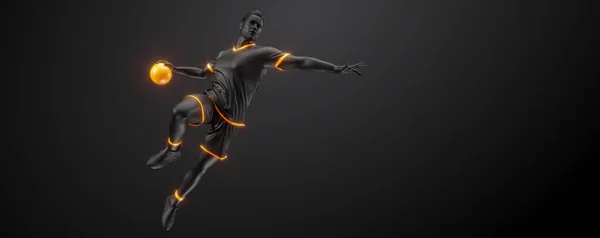 Abstract silhouette of a handball player on black background. Handball player man are throws the ball. illustration