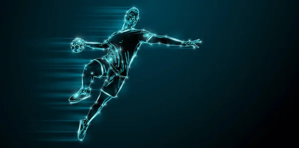 Abstract silhouette of a handball player on black background. Handball player man are throws the ball. illustration
