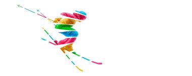 Abstract silhouette of a skiing on white background. The skier man doing a trick. Carving