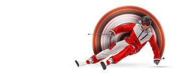 Realistic silhouette of a skiing on white background. The skier man doing a trick. Carving