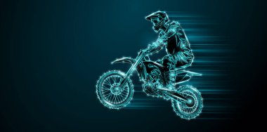 Abstract silhouette of a motocross rider, man is doing a trick, isolated on black background. Enduro motorbike sport transport.