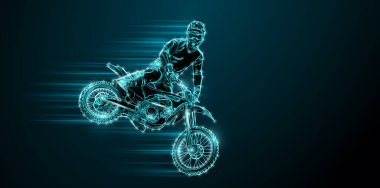 Abstract silhouette of a motocross rider, man is doing a trick, isolated on black background. Enduro motorbike sport transport.