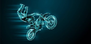 Abstract silhouette of a motocross rider, man is doing a trick, isolated on black background. Enduro motorbike sport transport.