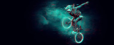 Abstract silhouette of a bmx rider, man is doing a trick, isolated on black background. Cycling sport transport.