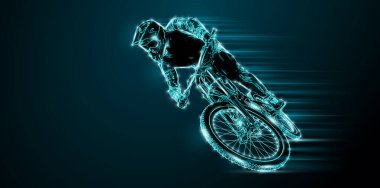 Abstract silhouette of a mtb rider, man is doing a trick, isolated on black background. Mountain cycling sport transport.