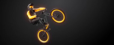 Abstract silhouette of a mtb rider, man is doing a trick, isolated on black background. Mountain cycling sport transport.