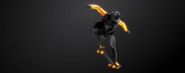 Abstract silhouette of a skateboarder on black background. The skateboarder man is doing a trick. Street skateboarding.