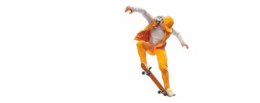 Realistic silhouette of a skateboarder on white background. The skateboarder man is doing a trick. Street skateboarding.