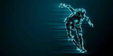 Abstract silhouette of a skateboarder on black background. The skateboarder man is doing a trick. Street skateboarding.