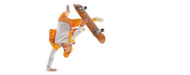 Realistic silhouette of a skateboarder on white background. The skateboarder man is doing a trick. Street skateboarding.