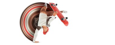 Realistic silhouette of a skateboarder on white background. The skateboarder man is doing a trick. Street skateboarding.