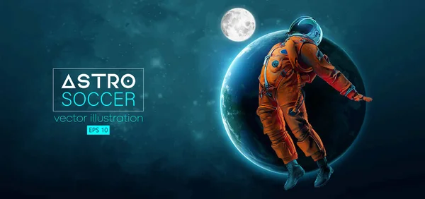 Soccer football player astronaut in action and Earth, Moon planets on the background of the space. Vector illustration