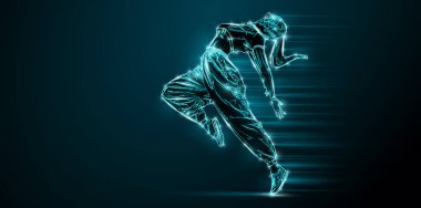 Abstract silhouette of a young hip-hop dancer, breake dancing woman isolated on black background. 3d render illustration clipart