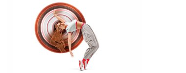 Genç bir hip-hop dansçısının gerçekçi silueti, beyaz arka planda izole edilmiş break dans yapan kadın. 3d resimleme