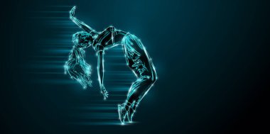 Genç bir hip-hop dansçısının soyut silueti, siyah arka planda izole edilmiş break dans yapan kadın. 3d resimleme