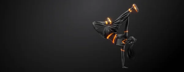 若いヒップホップダンサーの抽象的なシルエット 黒を背景に孤立したブレイクダンスの女性 3Dレンダリング図 — ストック写真
