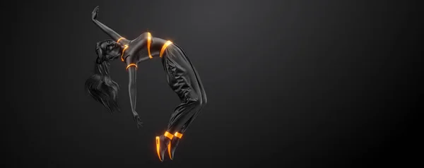 若いヒップホップダンサーの抽象的なシルエット 黒を背景に孤立したブレイクダンスの女性 3Dレンダリング図 — ストック写真