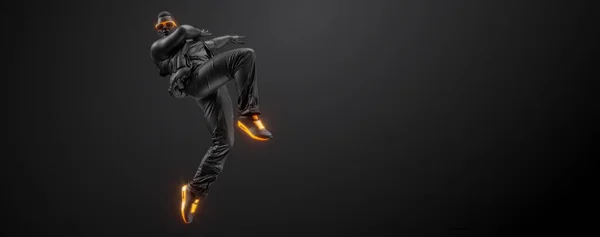 若いヒップホップダンサーの抽象的なシルエット 黒を背景に孤立したブレイクダンスの男 3Dレンダリング図 — ストック写真