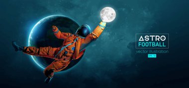 Amerikan futbolu, ragbi oyuncusu astronot uzay harekatında ve Dünya 'da Ay gezegenleri uzayın arka planında. Vektör illüstrasyonu