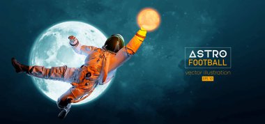 Amerikan futbolu, ragbi oyuncusu astronot uzay harekatında ve Ay, Mars gezegenleri uzayın arka planında. Vektör illüstrasyonu