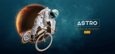 Bir yol bisikleti yarışçısının soyut silueti, astronot uzay aksiyonunda spor bisikleti sürüyor ve Dünya, Mars, arka plandaki gezegenler. Bisiklet sporu taşımacılığı. Vektör illüstrasyonu