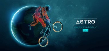 Bir BMX sürücüsünün soyut silueti, astronot uzay harekatında spor bisikleti sürüyor ve Dünya, Mars, arka plandaki gezegenler. Bisiklet sporu taşımacılığı. Vektör