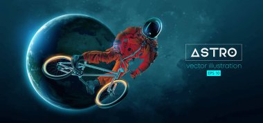 Bir BMX sürücüsünün soyut silueti, astronot uzay harekatında spor bisikleti sürüyor ve Dünya, Mars, arka plandaki gezegenler. Bisiklet sporu taşımacılığı. Vektör