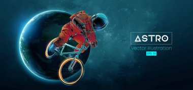 Bir BMX sürücüsünün soyut silueti, astronot uzay harekatında spor bisikleti sürüyor ve Dünya, Mars, arka plandaki gezegenler. Bisiklet sporu taşımacılığı. Vektör