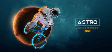 Bir BMX sürücüsünün soyut silueti, astronot uzay harekatında spor bisikleti sürüyor ve Dünya, Mars, arka plandaki gezegenler. Bisiklet sporu taşımacılığı. Vektör