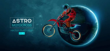 Bir motokros sürücüsünün soyut silueti, astronot bir numara yapıyor, uzay eylemi, Dünya, Mars, uzayın arka planındaki gezegenler. Enduro motorsiklet spor nakliyesi. Vektör illüstrasyonu