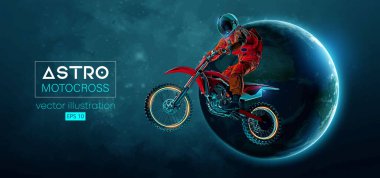 Abstract silhouette of a motocross rider, astronaut is doing a trick, in space action and Earth, Mars, planets on the background of the space. Enduro motorbike sport transport. Vector illustration clipart