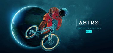 Bir MTB sürücüsünün soyut silueti, astronot bir numara yapıyor, uzay harekatında spor bisikleti, Dünya, Mars, arka plandaki gezegenler. Dağ bisikleti spor ulaşımı. Vektör