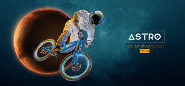 Bir MTB sürücüsünün soyut silueti, astronot bir numara yapıyor, uzay harekatında spor bisikleti, Dünya, Mars, arka plandaki gezegenler. Dağ bisikleti spor ulaşımı. Vektör