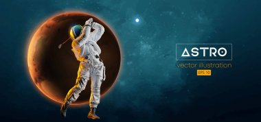 Uzay harekatındaki bir golfçünün soyut silueti ve Dünya, Mars, uzayın arka planındaki gezegenler. Golfçü astronot adam topa vuruyor. Vektör illüstrasyonu