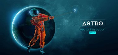 Uzay harekatındaki bir golfçünün soyut silueti ve Dünya, Mars, uzayın arka planındaki gezegenler. Golfçü astronot adam topa vuruyor. Vektör illüstrasyonu