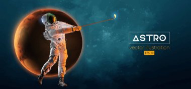 Uzay harekatındaki bir golfçünün soyut silueti ve Dünya, Mars, uzayın arka planındaki gezegenler. Golfçü astronot adam topa vuruyor. Vektör illüstrasyonu