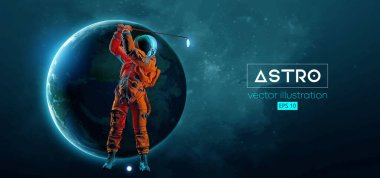 Uzay harekatındaki bir golfçünün soyut silueti ve Dünya, Mars, uzayın arka planındaki gezegenler. Golfçü astronot adam topa vuruyor. Vektör illüstrasyonu