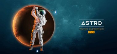 Uzay harekatındaki bir golfçünün soyut silueti ve Dünya, Mars, uzayın arka planındaki gezegenler. Golfçü astronot adam topa vuruyor. Vektör illüstrasyonu