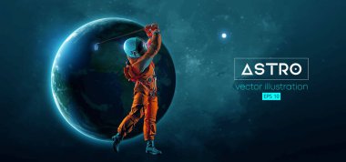 Uzay harekatındaki bir golfçünün soyut silueti ve Dünya, Mars, uzayın arka planındaki gezegenler. Golfçü astronot adam topa vuruyor. Vektör illüstrasyonu
