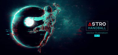 Uzay ve Dünya 'daki hentbolcu astronotun soyut silueti ve uzayın arka planındaki Ay gezegenleri. 3 boyutlu görüntüleme. Vektör illüstrasyonu