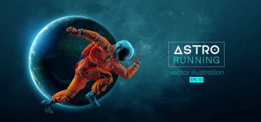 Uzay harekatında koşan bir astronotun soyut silueti ve Dünya, Mars, uzayın arka planındaki gezegenler. Koşucu koşuyor ya da maraton koşuyor. Vektör illüstrasyonu